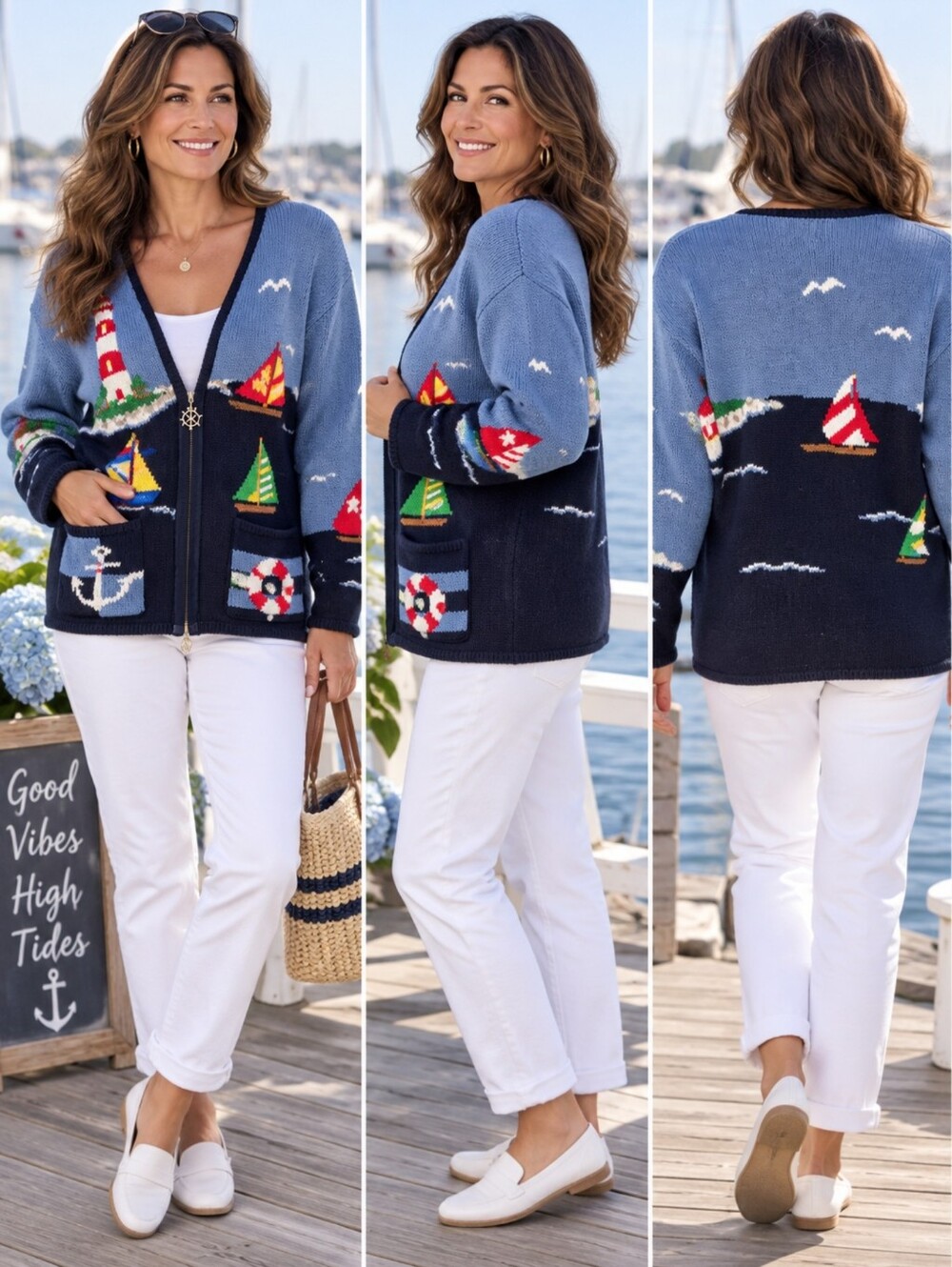 PBJ Sport Nautical Sailboat Lighthouse Zip Cardigan Sweater M Medium Coastal